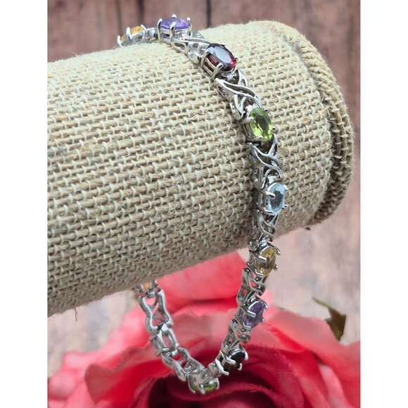 925 Sterling Silver Gemstone Tennis Bracelet Garnet, Amethyst, Citrine, Peridot - Picture 3 of 12